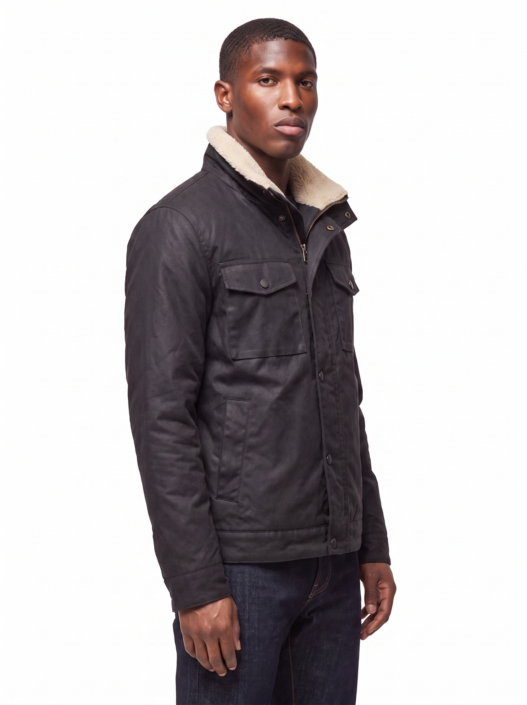 Waxed canvas jacket structured fit three quarter view