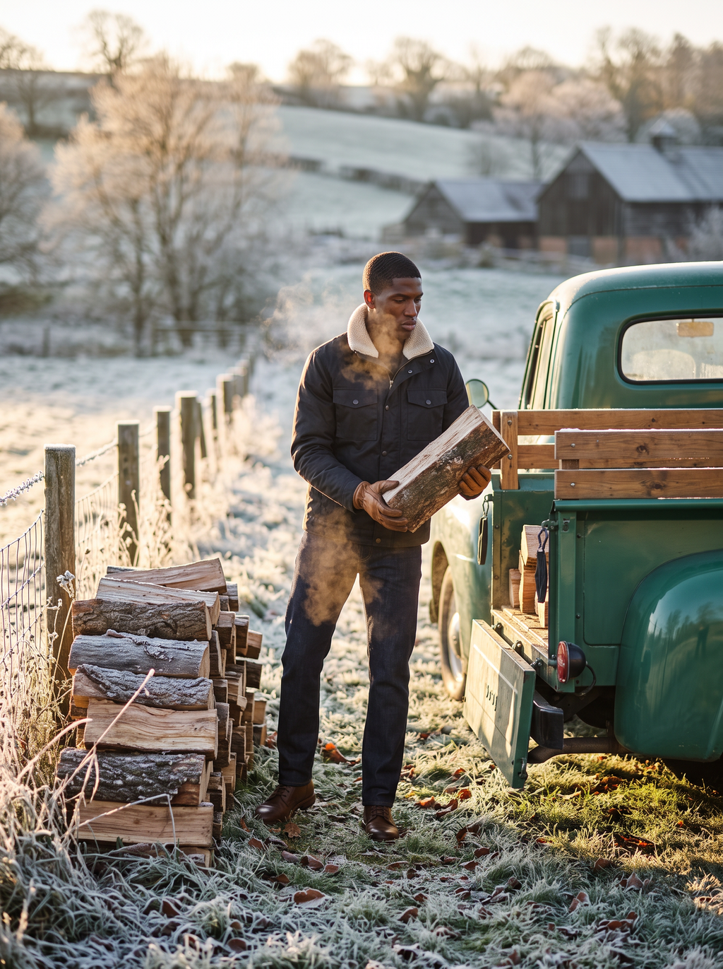 Man wearing waxed canvas jacket in frosty countryside morning, lifestyle