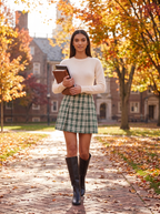 Woman wearing green check mini skirt walking across autumn campus, lifestyle