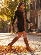 Woman wearing chestnut riding boots on autumn cobblestone street, lifestyle
