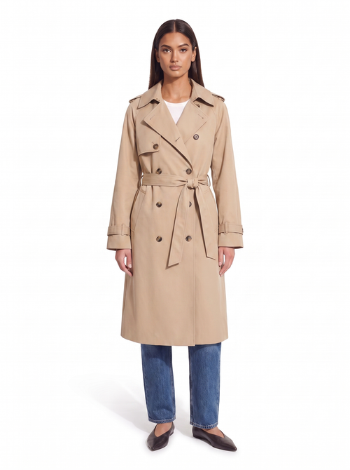 Beige double breasted trench coat worn by model, front view on white