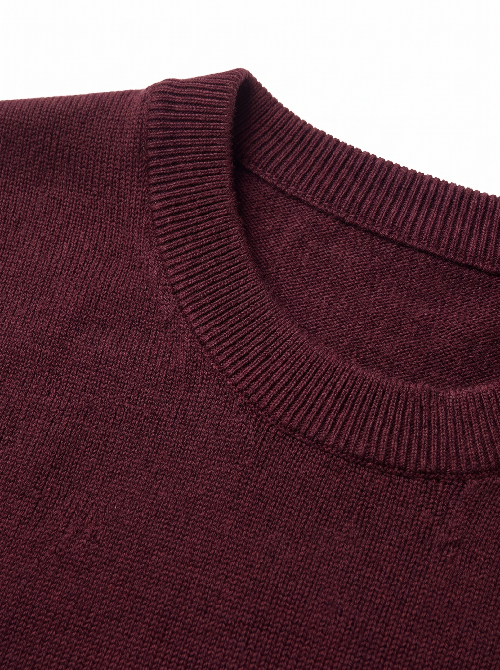 Burgundy sweater ribbed collar close up detail