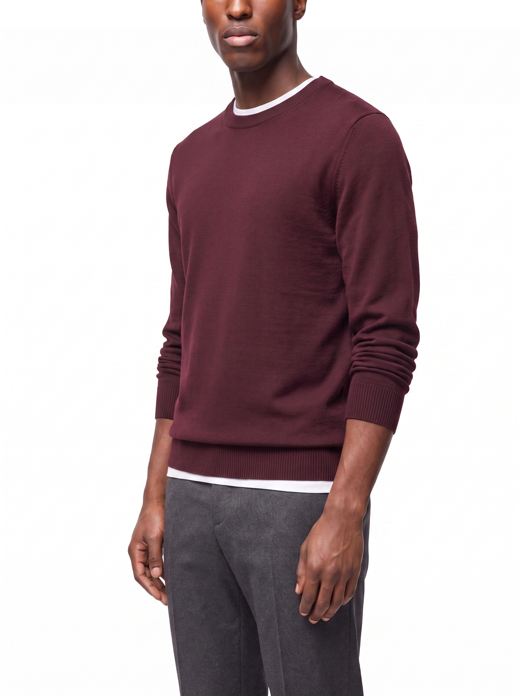 Burgundy crew neck regular fit three quarter view