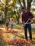Man wearing burgundy sweater in front yard with fall leaves, lifestyle