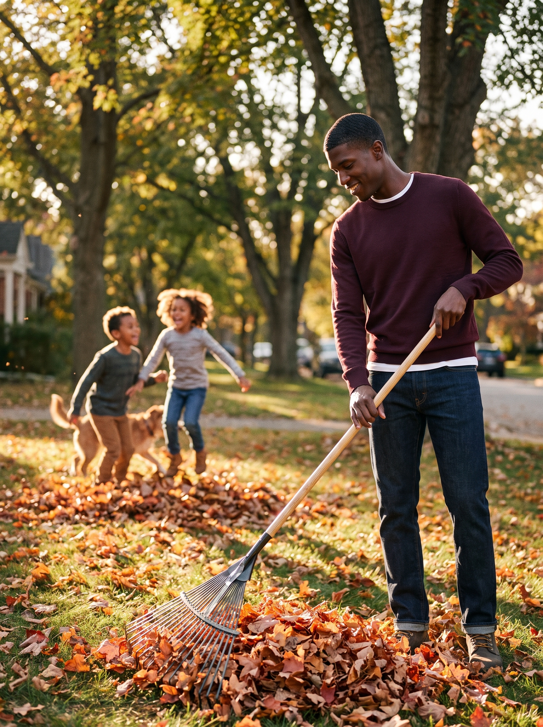 Man wearing burgundy sweater in front yard with fall leaves, lifestyle