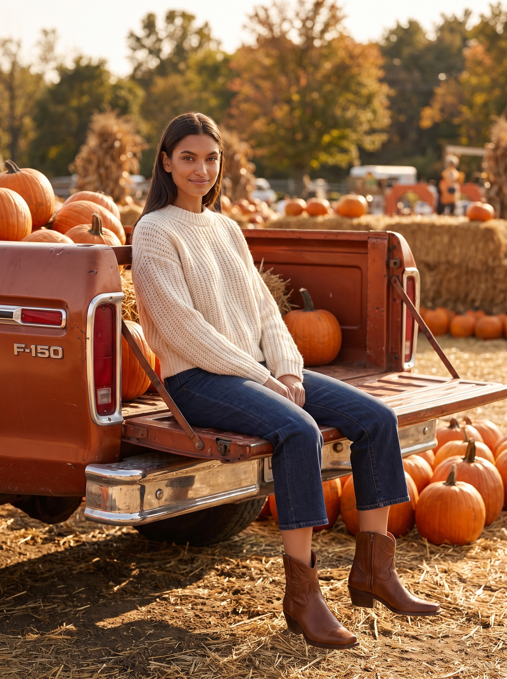 Woman wearing western boots on truck tailgate at pumpkin patch, lifestyle
