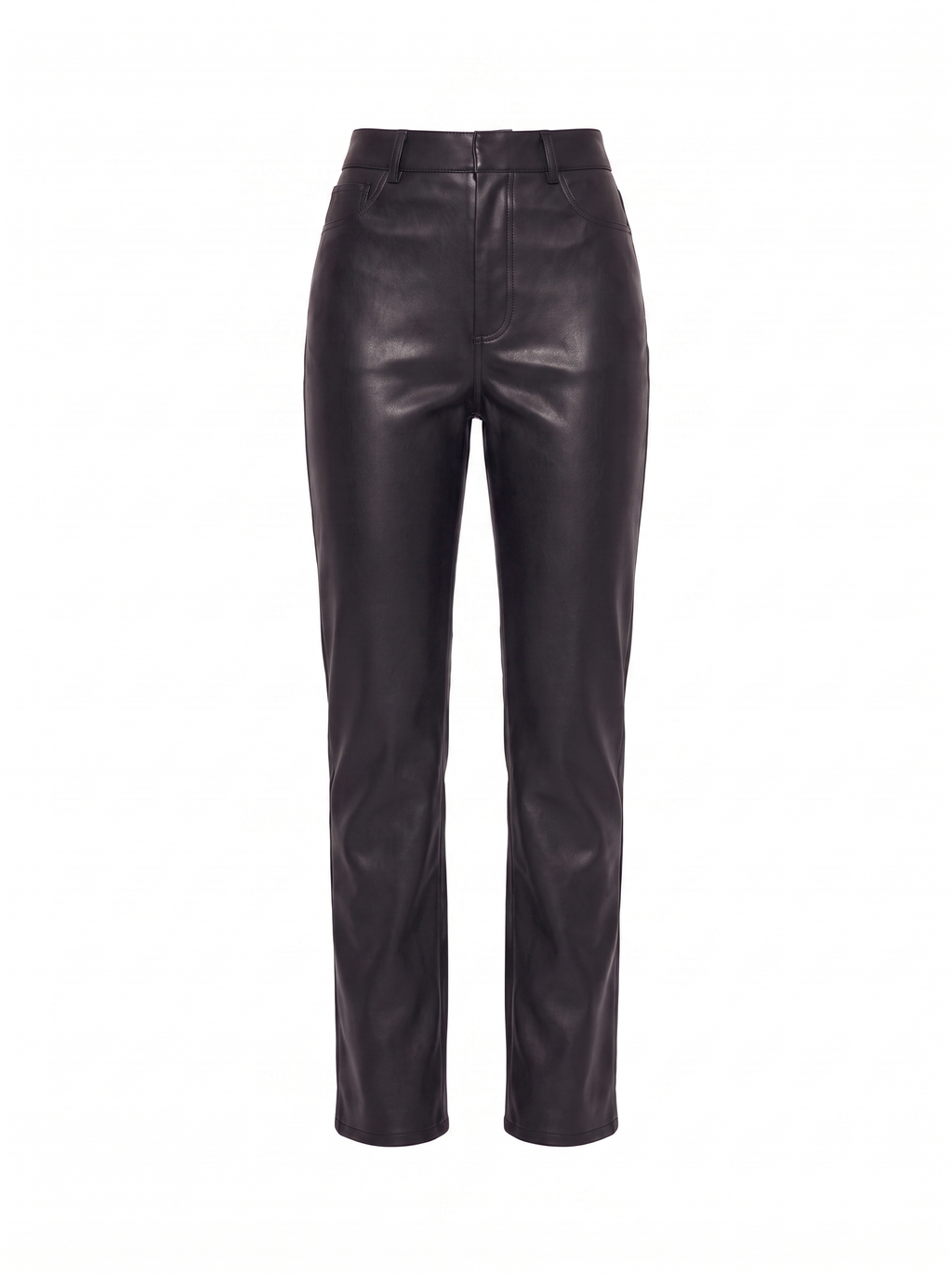 Black faux leather pants product shot on white background