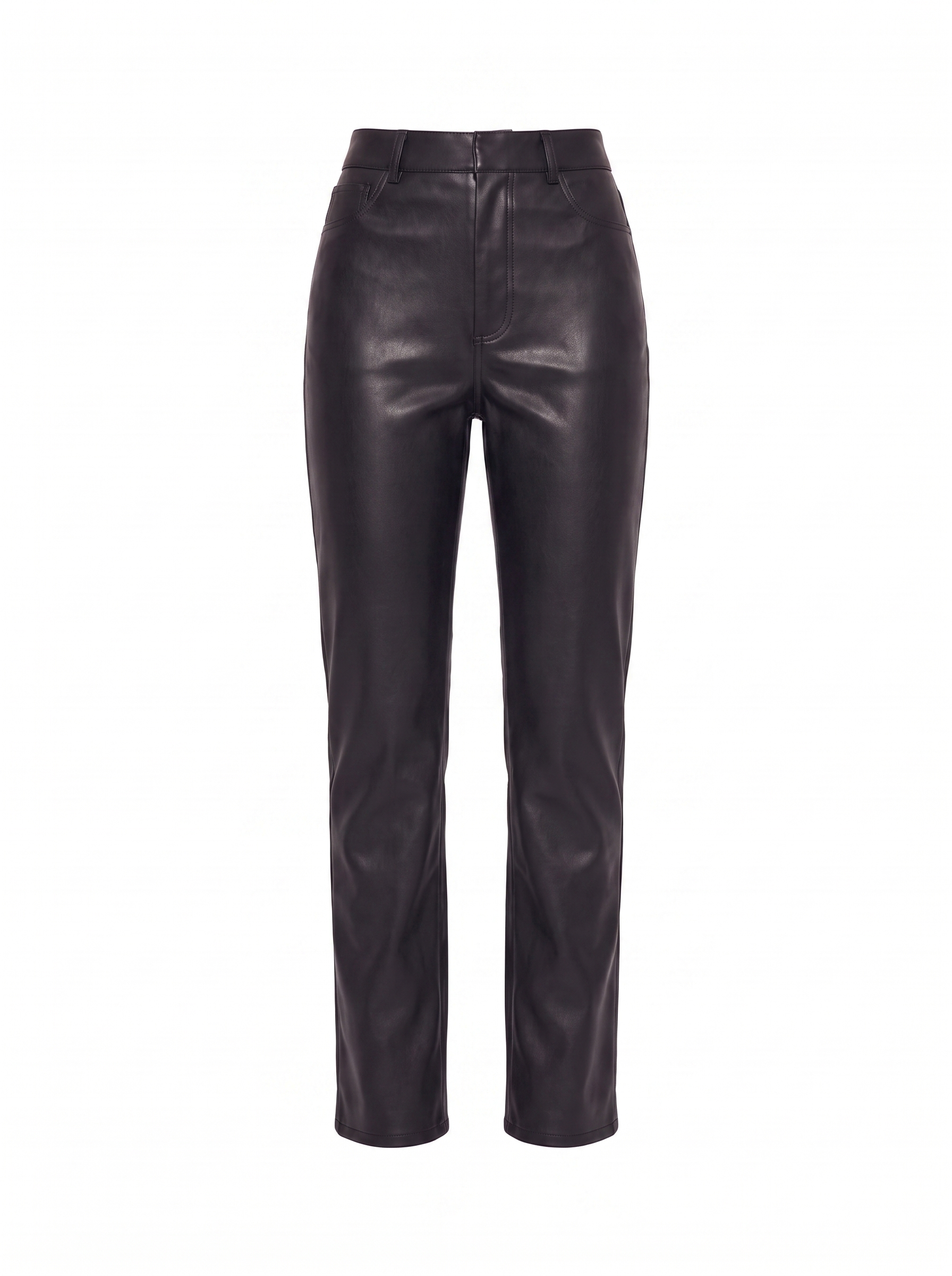 Black faux leather pants product shot on white background