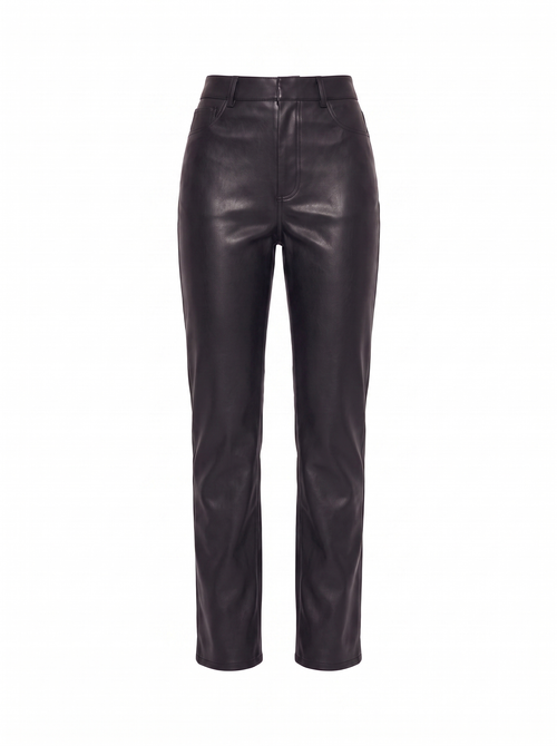 Black faux leather pants product shot on white background