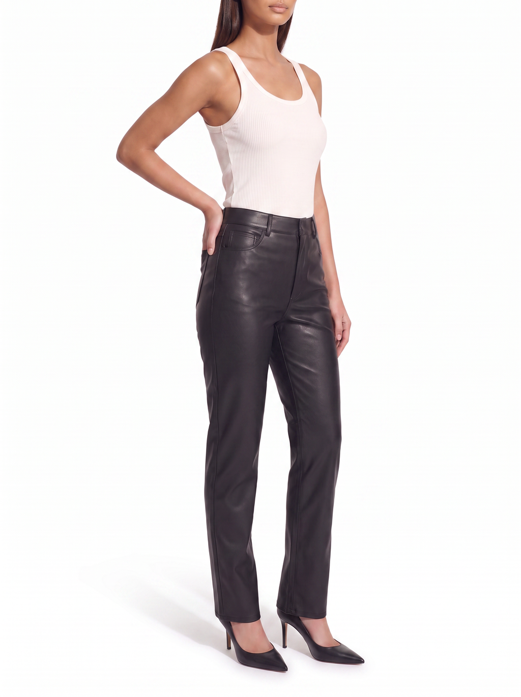 Faux leather pants straight leg drape three quarter view