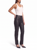 Faux leather pants straight leg drape three quarter view