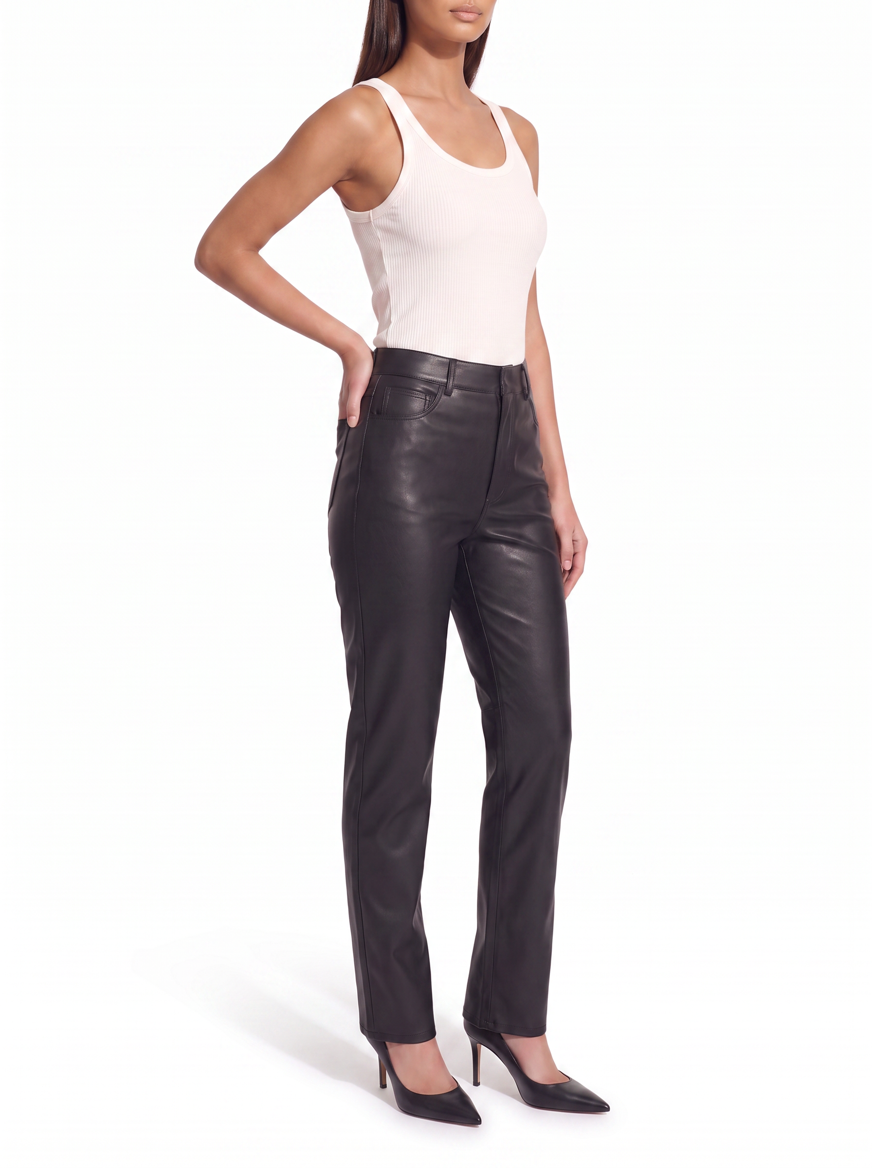 Faux leather pants straight leg drape three quarter view