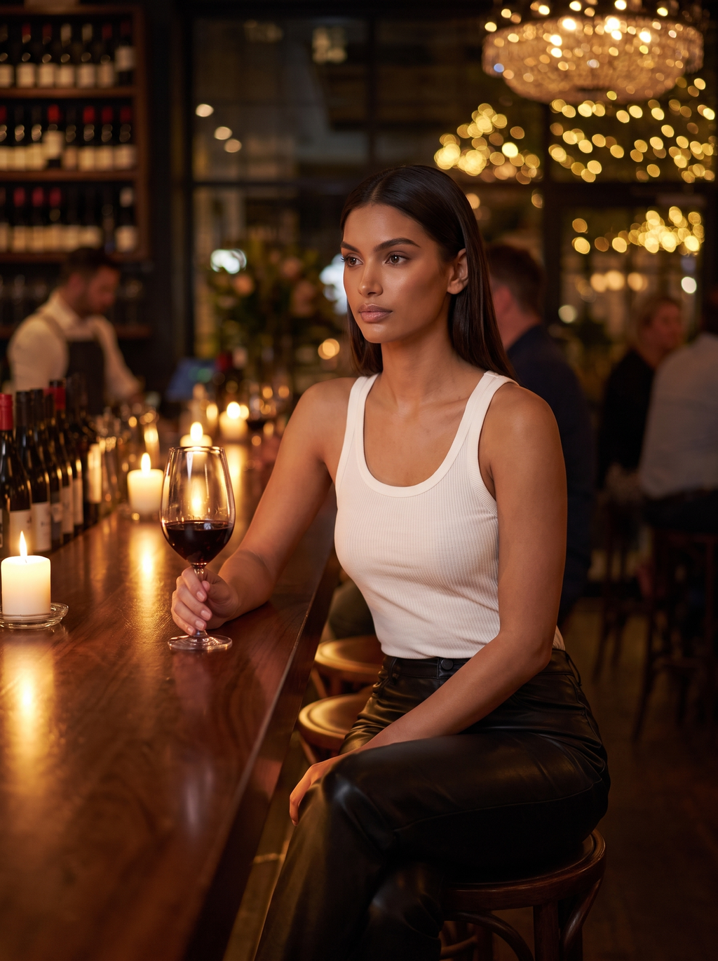 Woman wearing faux leather pants at evening wine bar, lifestyle