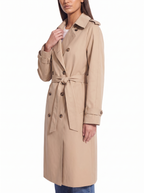 Beige trench coat tailored drape three quarter view