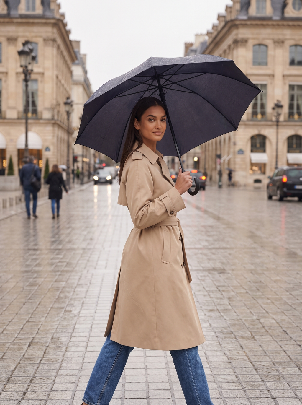 Woman wearing beige trench crossing rainy boulevard with umbrella, lifestyle
