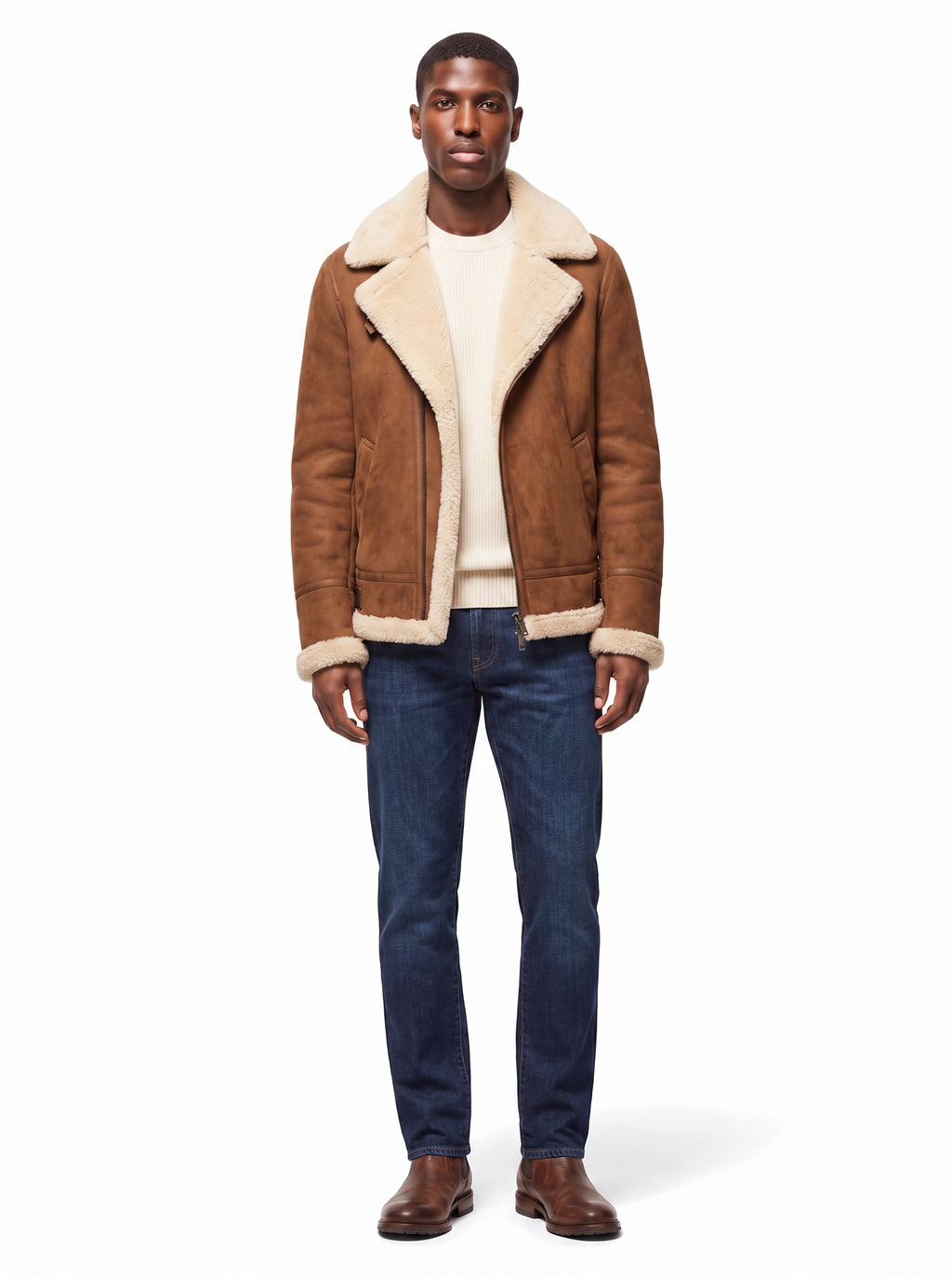 Brown shearling aviator jacket on model full body