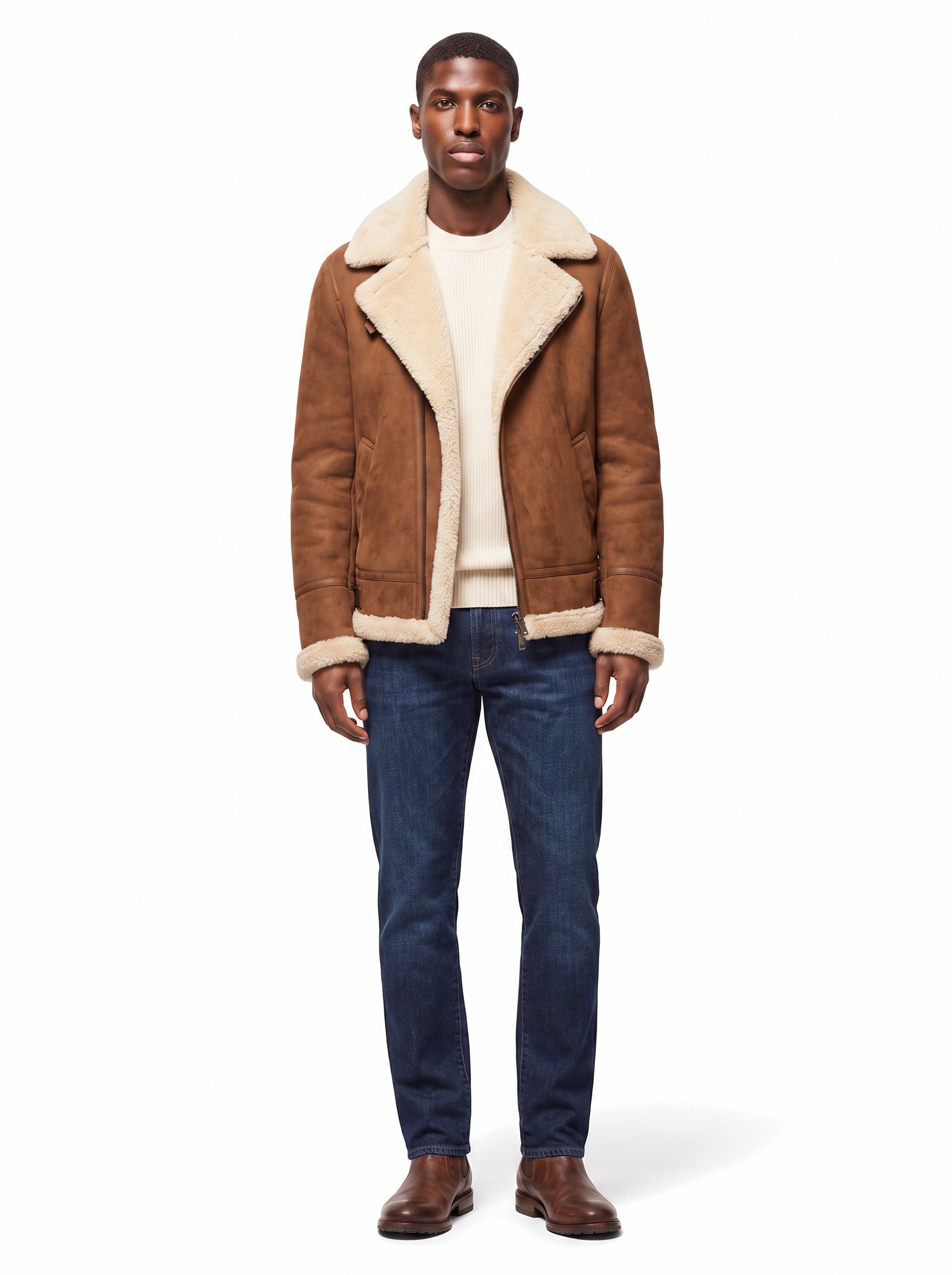 Brown shearling aviator jacket on model full body