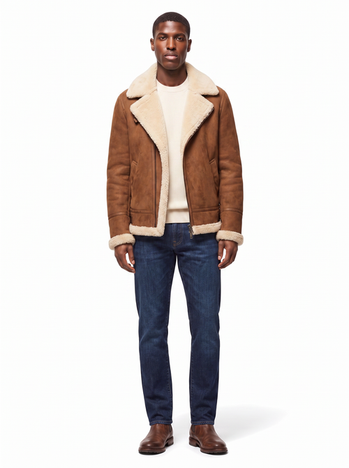 Brown shearling aviator jacket on model full body