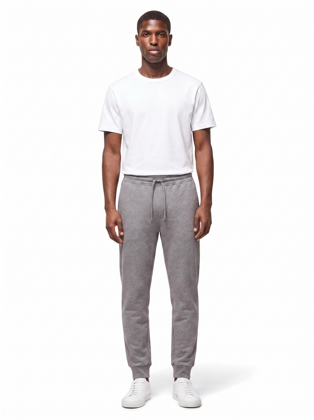 Heather grey sweatpants on model full body