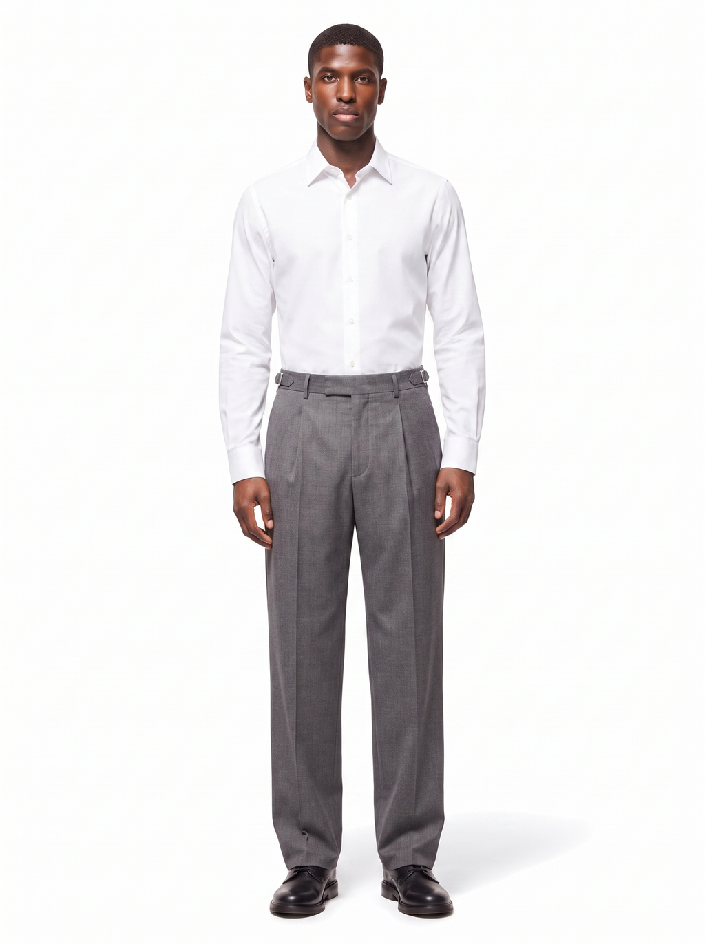 Grey pleated wide leg trousers on model full body