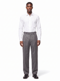 Grey pleated wide leg trousers on model full body