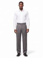 Grey pleated wide leg trousers on model full body