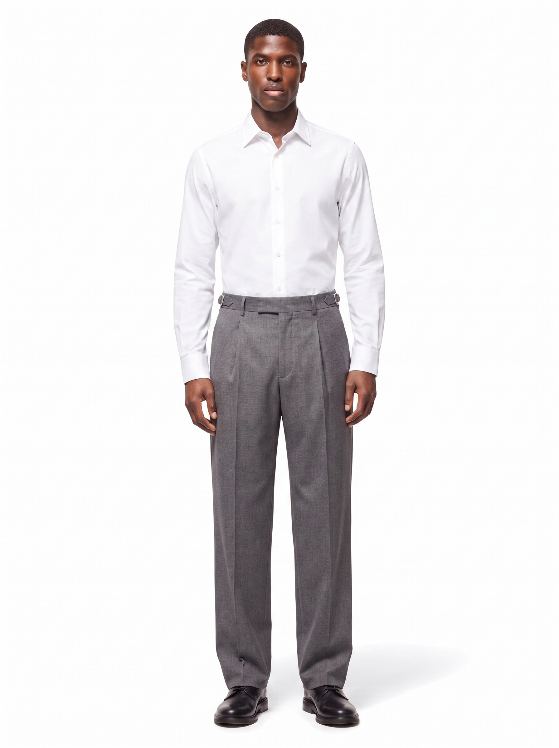 Grey pleated wide leg trousers on model full body