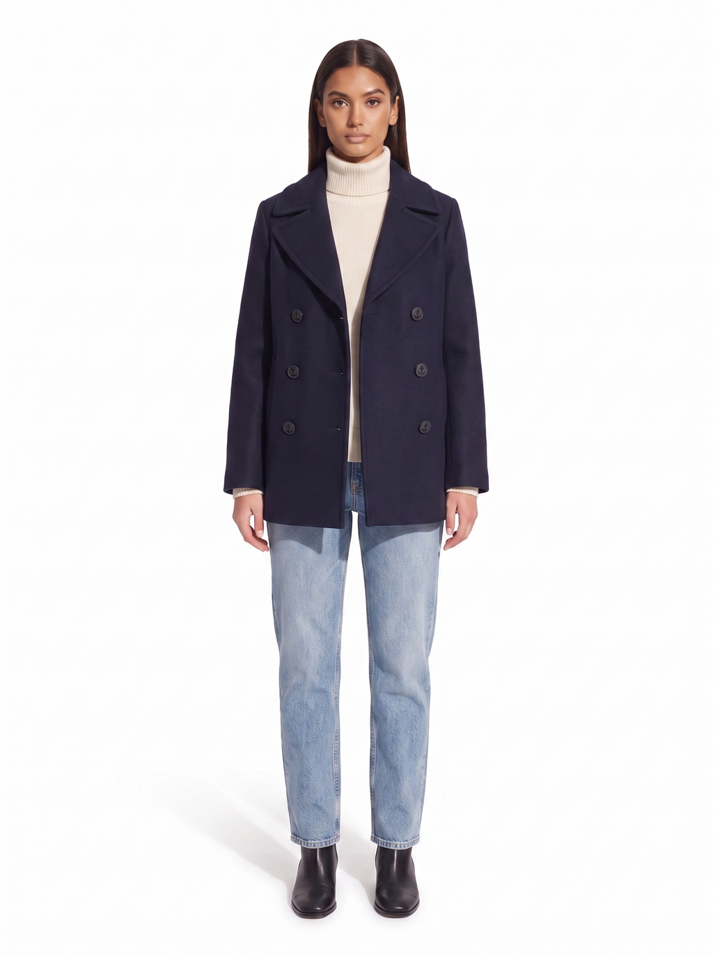 Navy pea coat on model full body