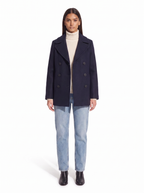 Navy pea coat on model full body