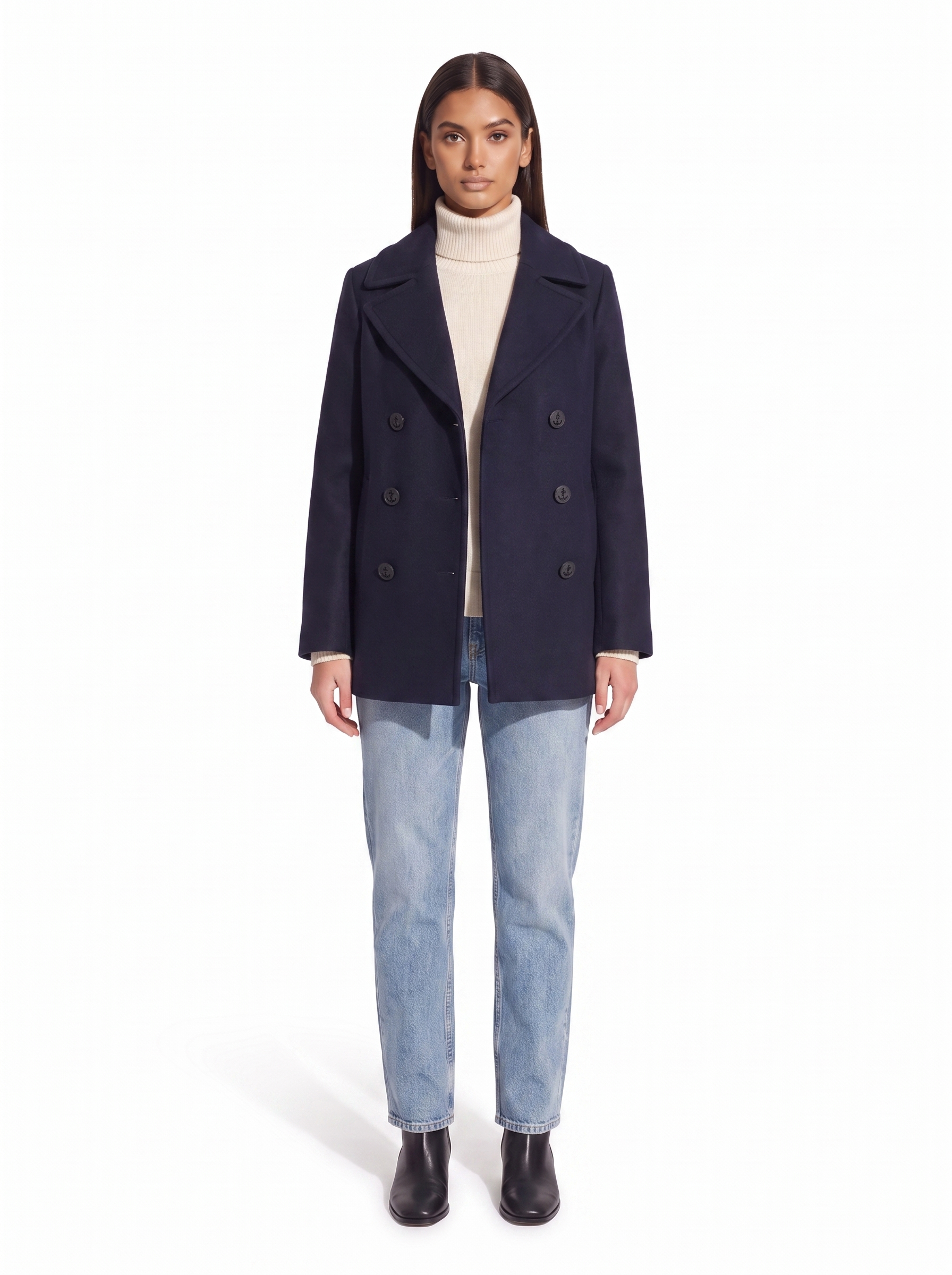 Navy pea coat on model full body