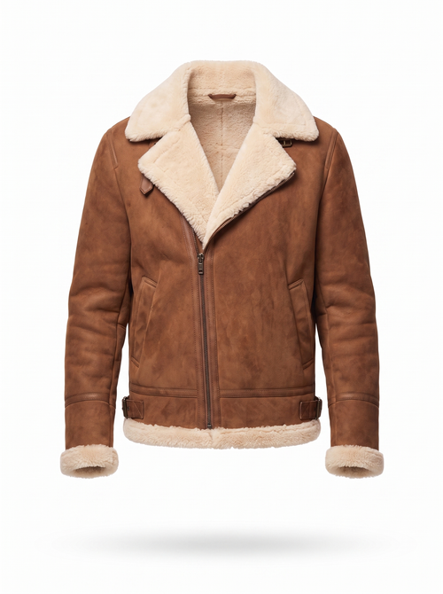Shearling aviator jacket product packshot on white