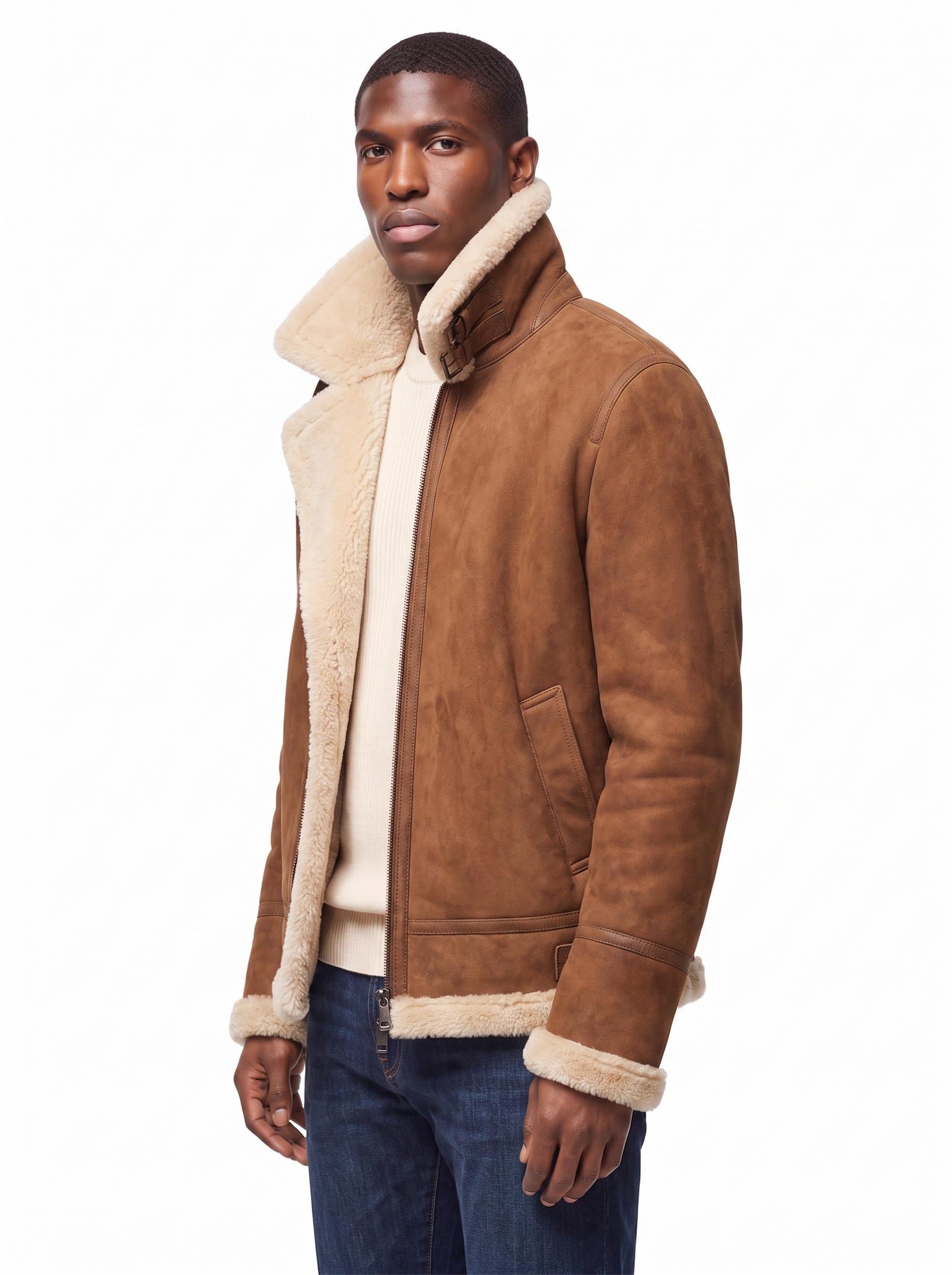 Shearling aviator jacket three quarter fit shot