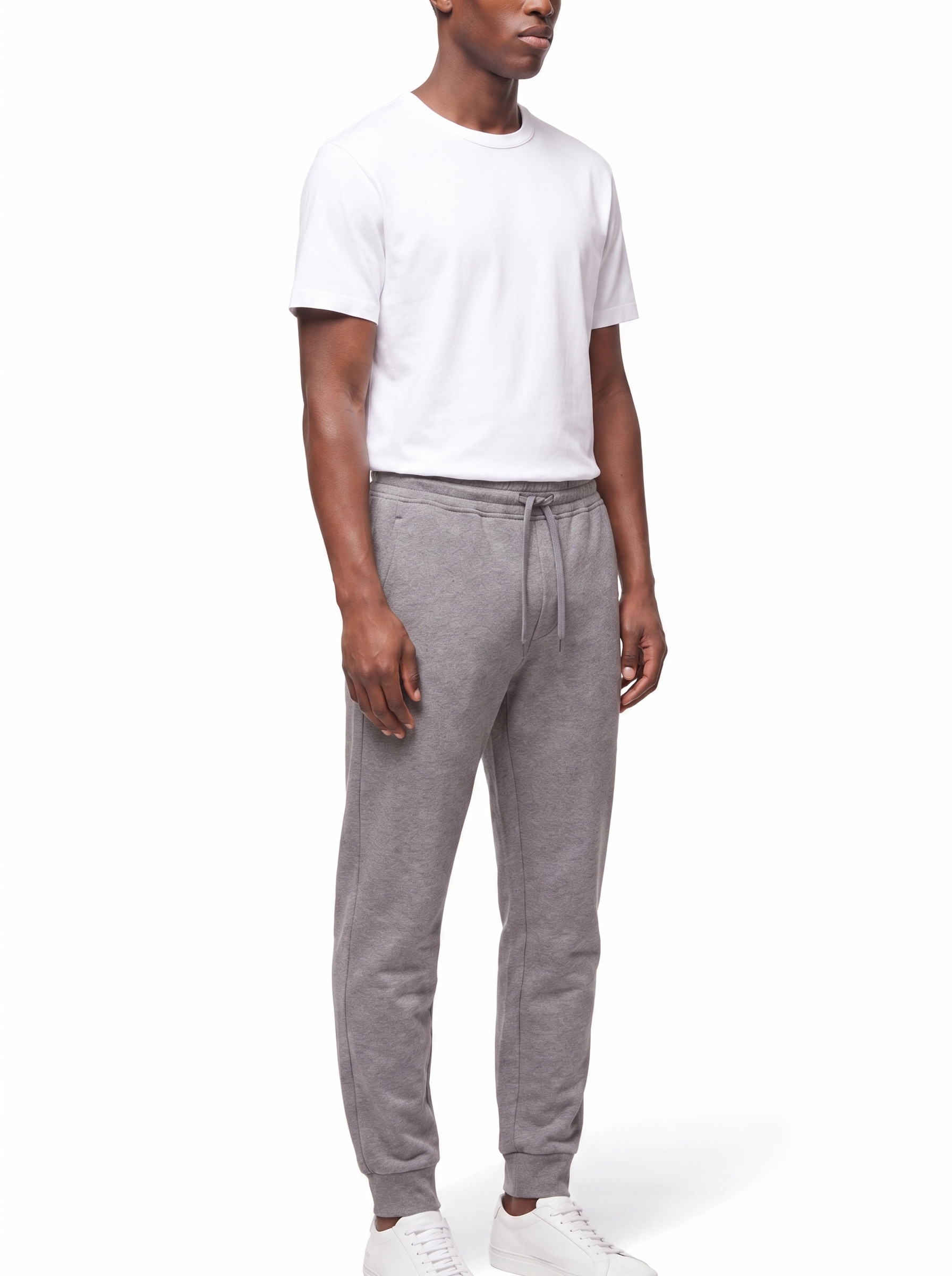 Grey sweatpants three quarter fit shot