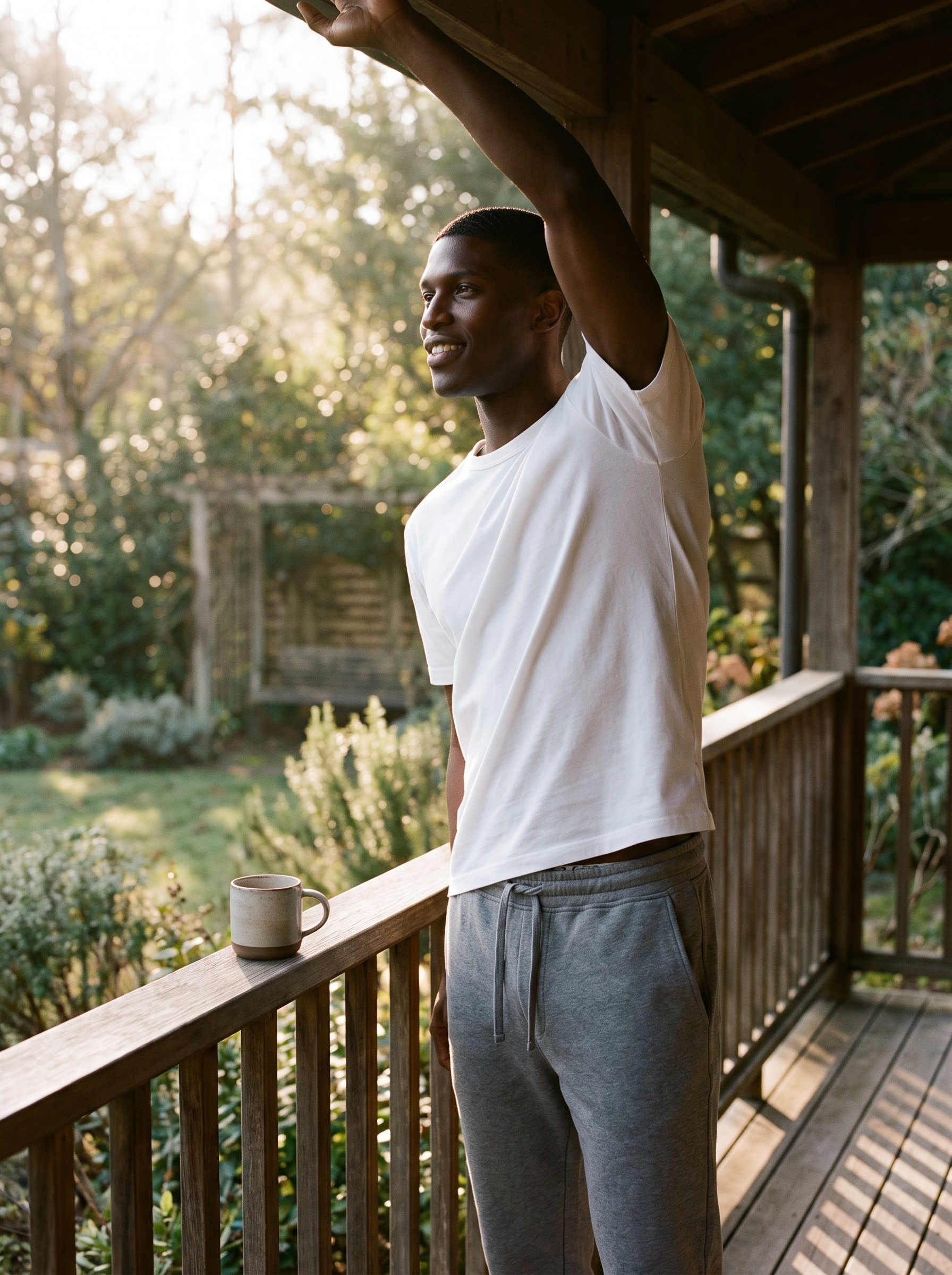 Grey sweatpants lifestyle porch morning