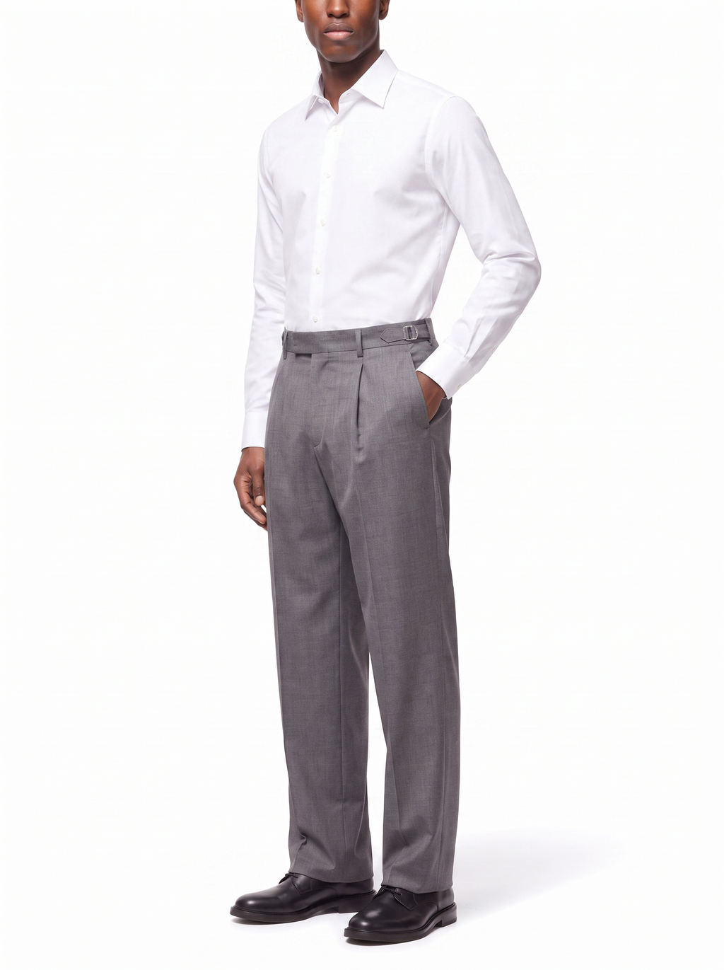 Grey pleated trousers three quarter fit shot