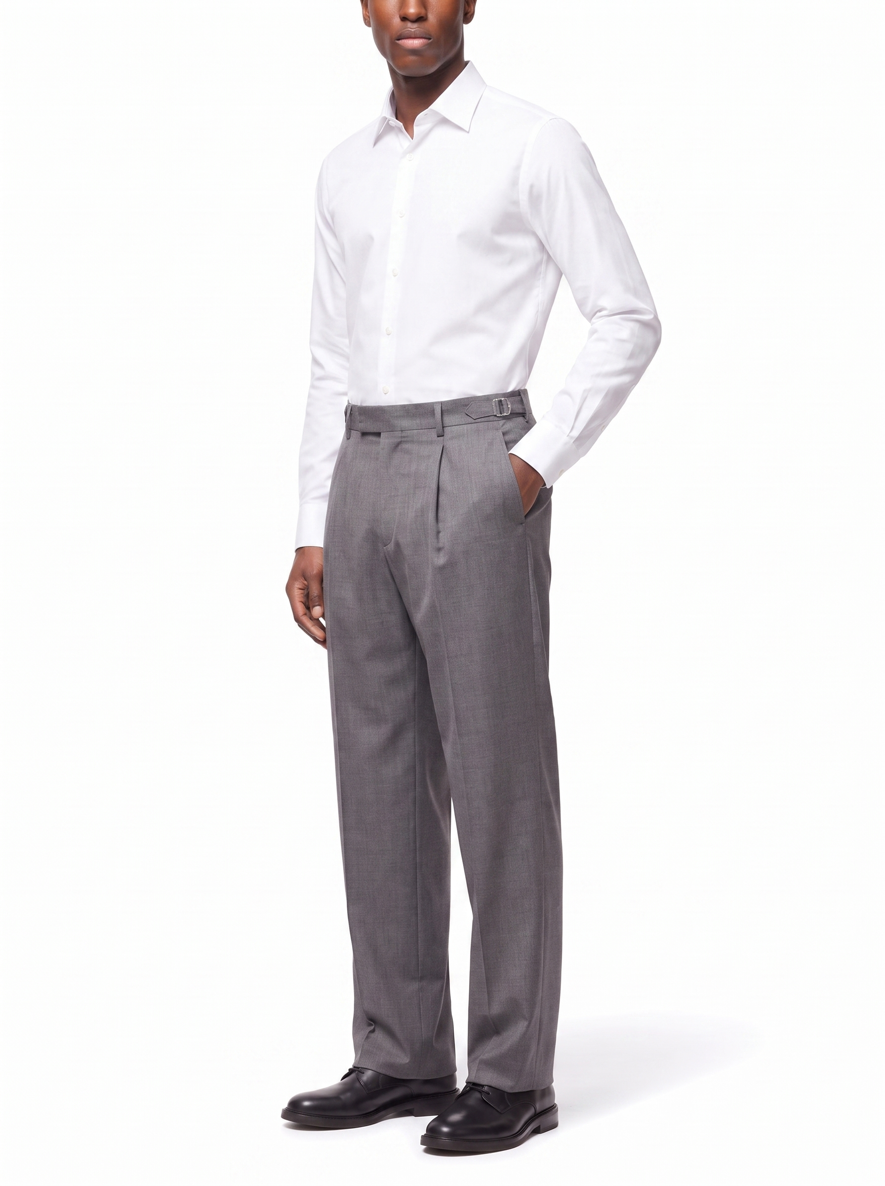 Grey pleated trousers three quarter fit shot