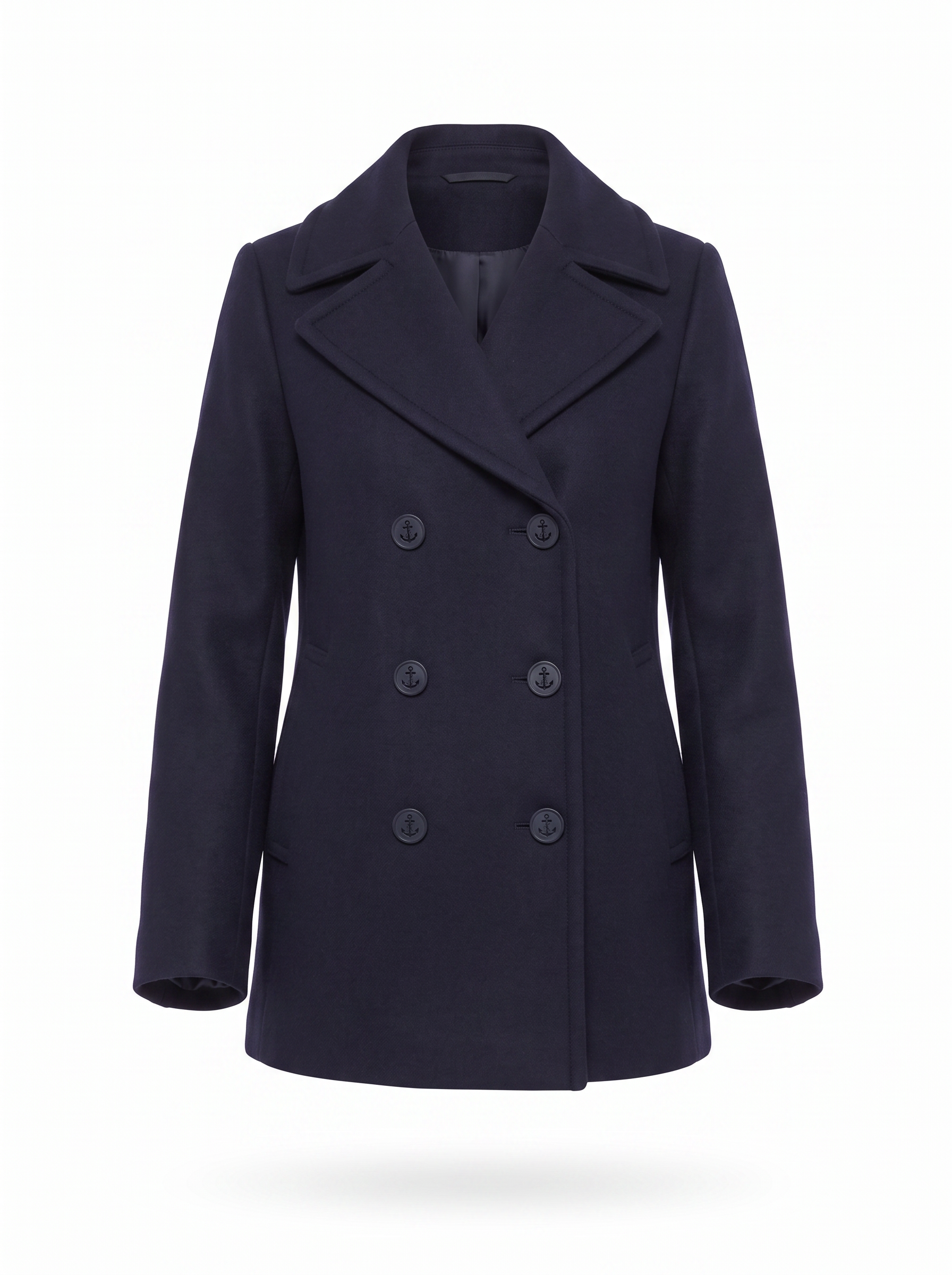 Navy pea coat product packshot on white