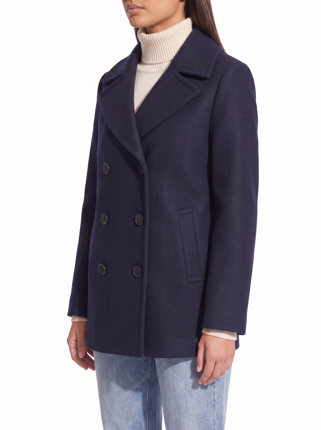 Navy pea coat three quarter fit shot