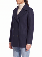 Navy pea coat three quarter fit shot