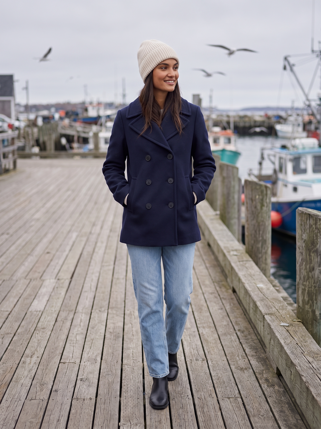 Navy pea coat lifestyle harbor boardwalk