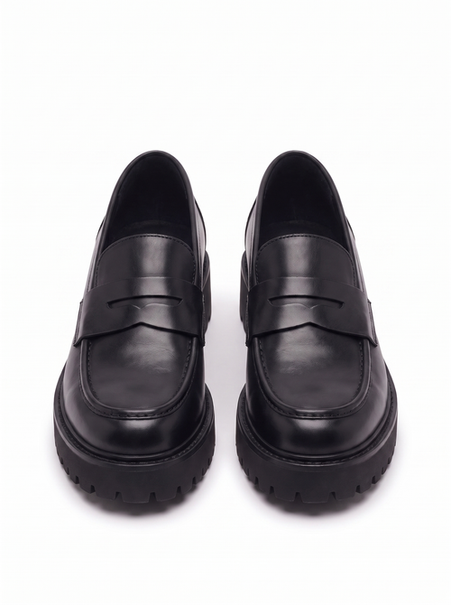 Black platform loafers product packshot on white