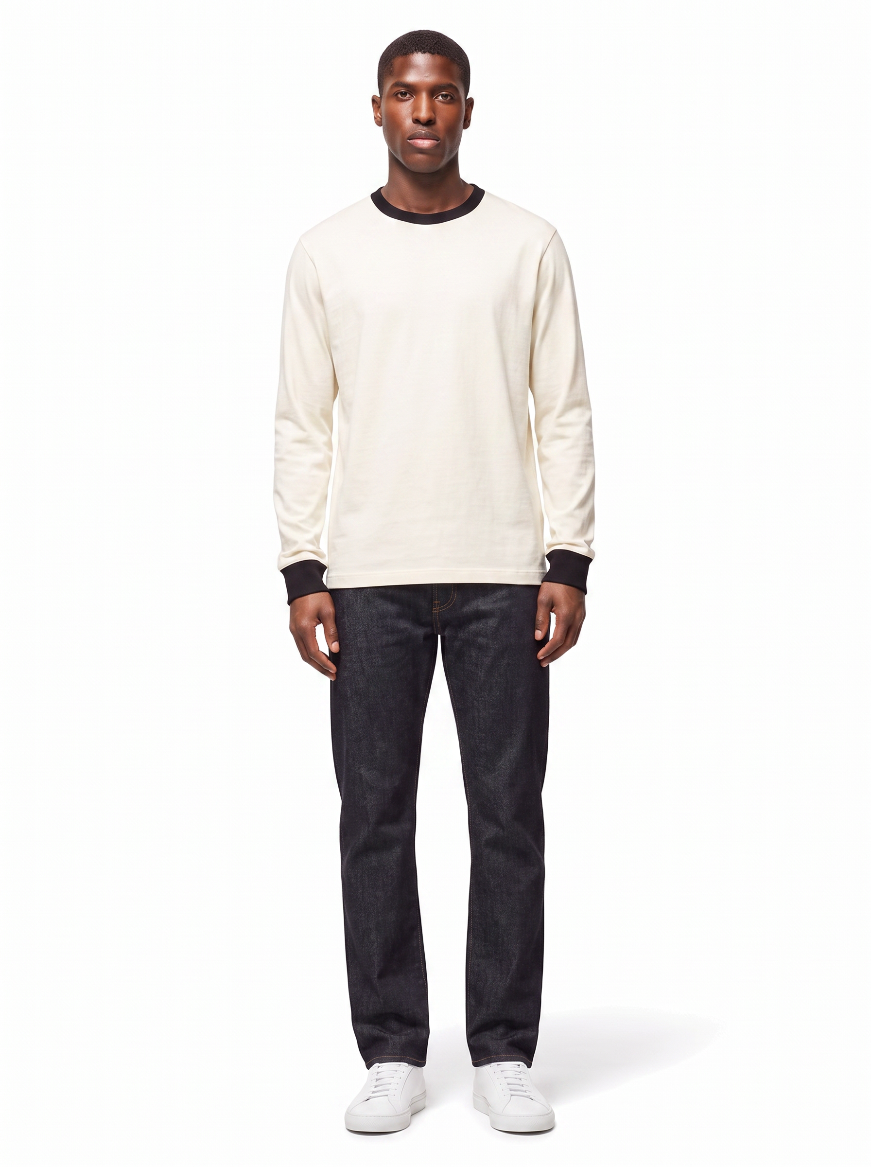 Cream ringer tee on model full body