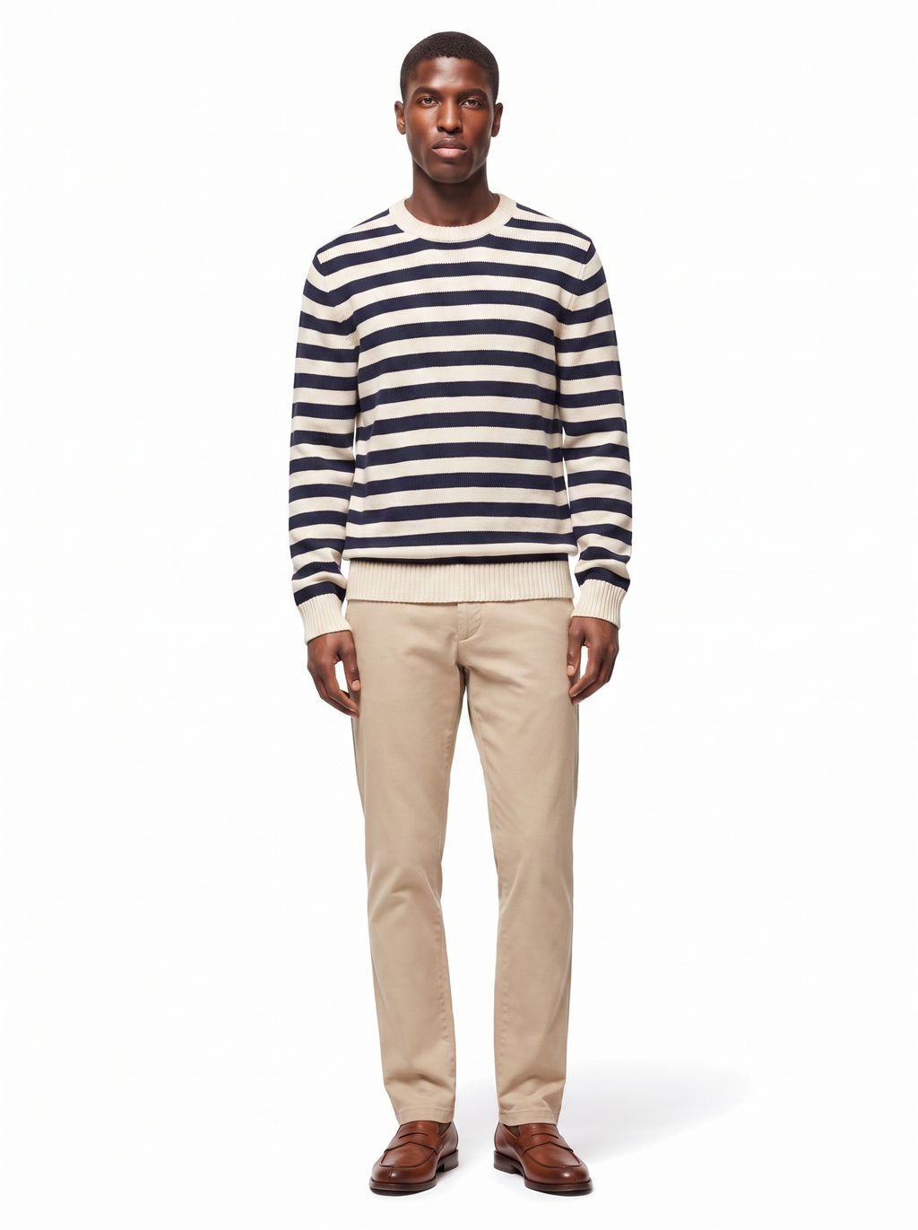 Navy striped sweater on model full body