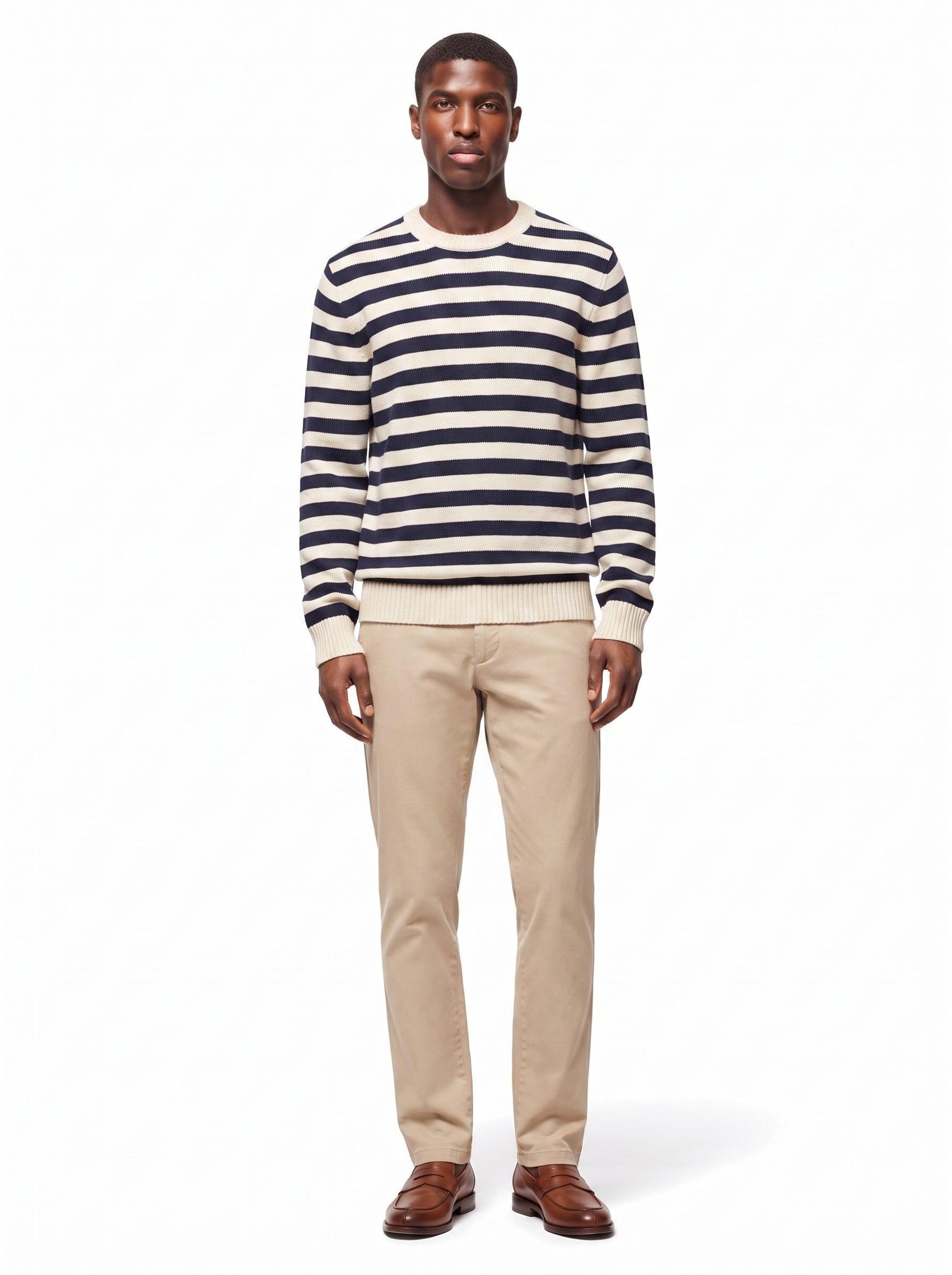 Navy striped sweater on model full body