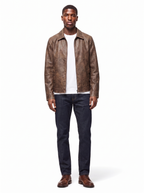 Vintage brown leather jacket on model full body