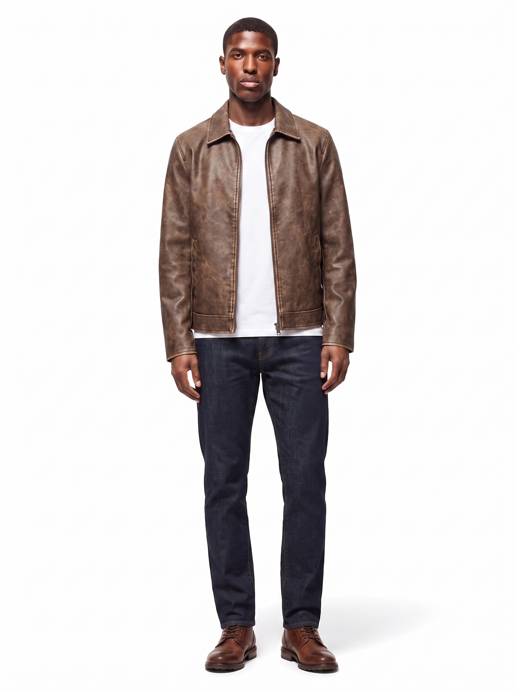 Vintage brown leather jacket on model full body