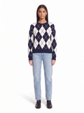 Navy argyle sweater on model full body