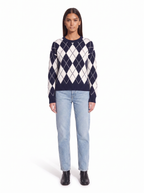 Navy argyle sweater on model full body