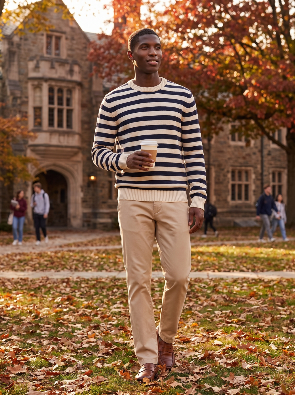 Striped sweater lifestyle university quad