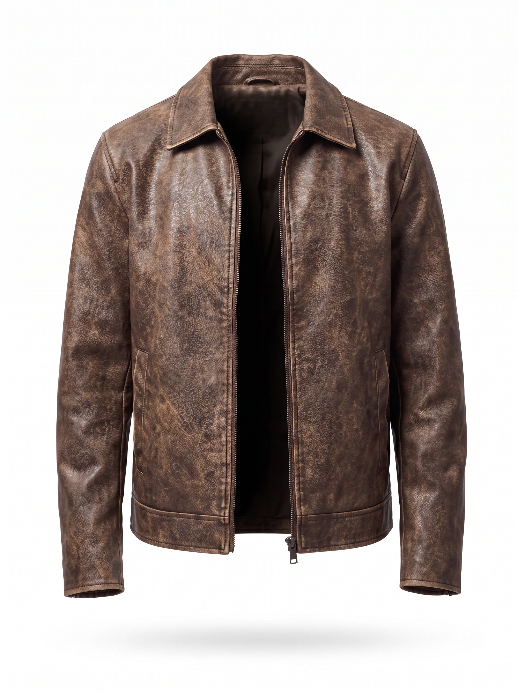 Vintage leather jacket product packshot on white